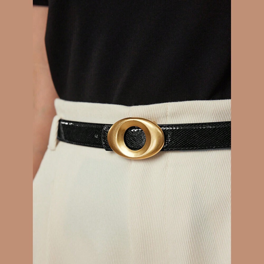 Black Snake-Embossed Belt with Oval Gold Buckle